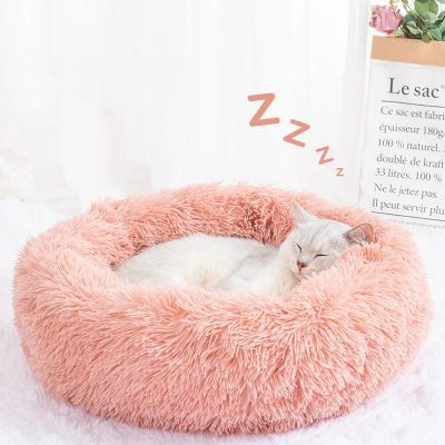 Chat blanc dormant paisiblement dans un coussin pour chat rond rose pelucheux avec décor de fleurs en fond