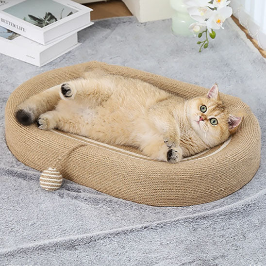 Chat doré couché sur le dos dans un griffoir ovale en corde avec balle suspendue sur tapis gris.