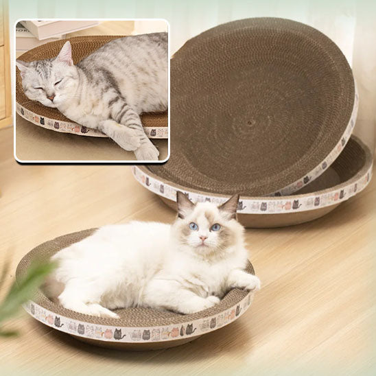 Griffoir pour chat empilable ScratchNap avec un chat crème allongé et un encart montrant un chat gris endormi.