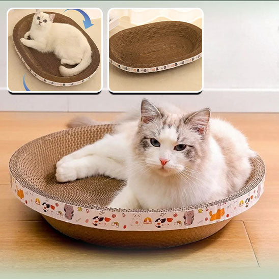 Griffoir pour chat vivace ScratchNap avec un chat détendu et deux vignettes illustrant la forme et la rotation.