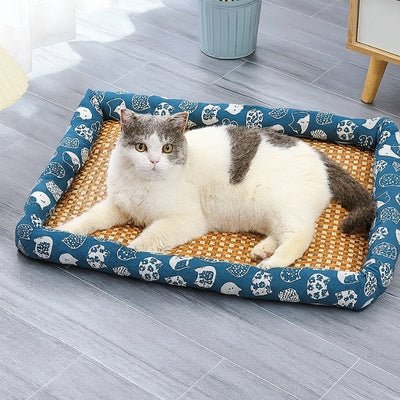 Chat détendu sur lit pour chat bleu avec base en rotin et motifs hérissons blancs