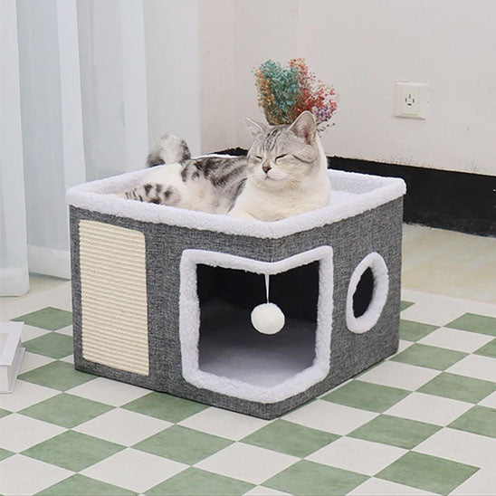 Chat assis droit sur une niche cube grise avec côté griffoir et jouet suspendu