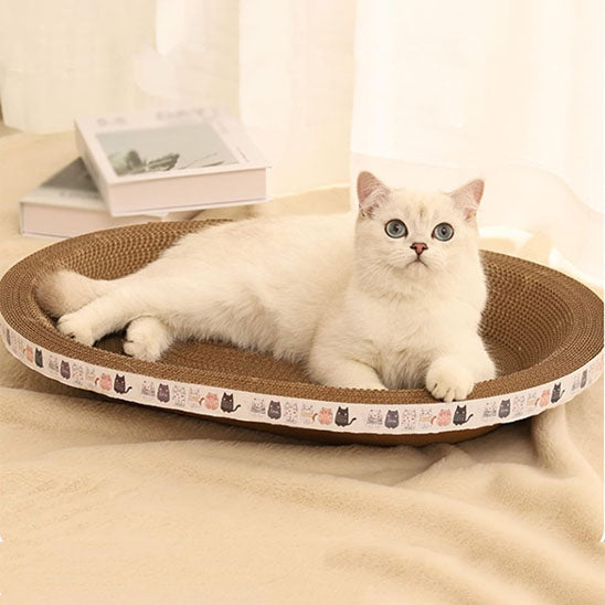 Griffoir pour chat spacieux ScratchNap avec un chat blanc aux yeux bleus allongé sur un grand griffoir ovale en carton. Le bord est décoré de dessins de chats et deux livres sont visibles en arrière-plan.