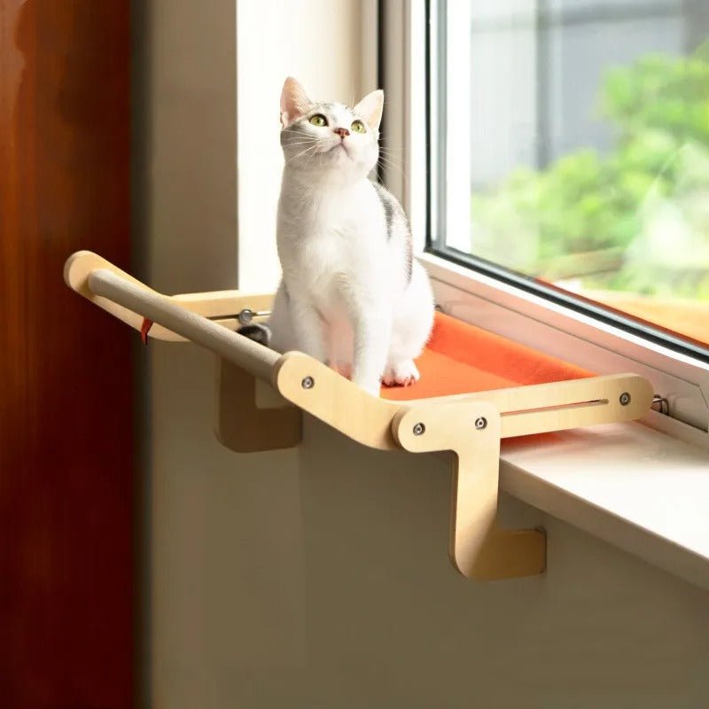 Chat blanc assis dans un hamac pour chat orange accroché au rebord d’une fenêtre, observant l’extérieur
