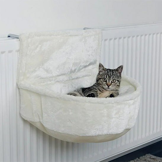 Chat tigré allongé dans un hamac pour chat suspendu à un radiateur, coussin crème moelleux