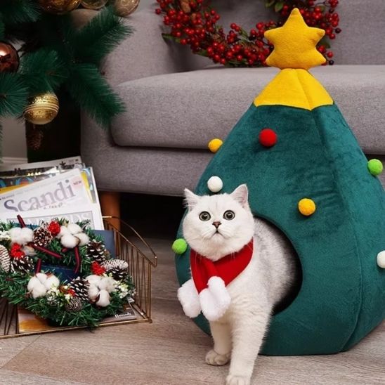 Niche pour chat sapin dans un salon décoré, avec chat blanc curieux sortant de l’entrée