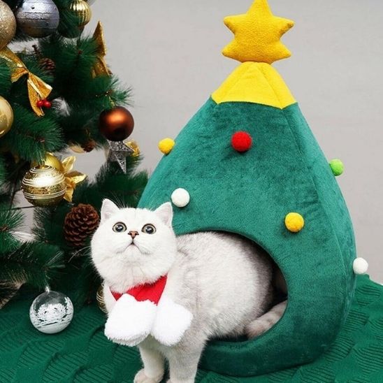 Niche pour chat sapin avec chat blanc portant un foulard de Noël
