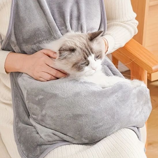 Chat installé dans un tablier pour chat moelleux, accessoire idéal pour rester proche de son félin tout en étant assis