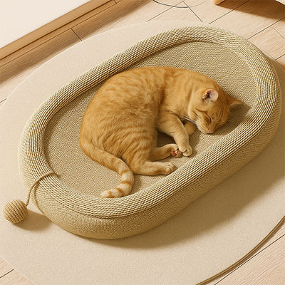 Chat roux profondément endormi en boule dans un griffoir ovale beige avec balle suspendue.