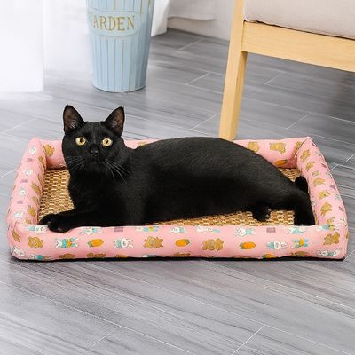 Chat noir relaxé sur lit pour chat rose à motifs ludiques et surface en rotin frais