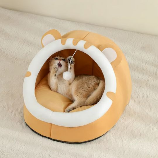 Chat jouant dans une niche chat en forme de tigre, avec jouet suspendu et coussin moelleux.