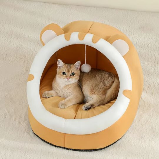 Niche chat jaune avec oreilles en form de tigre et coussin moelleux-Nestimal