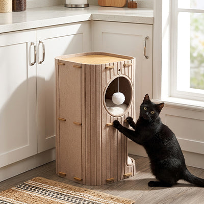 Chat noir jouant avec la balle suspendue de la niche pour chat Feutrio en feutre