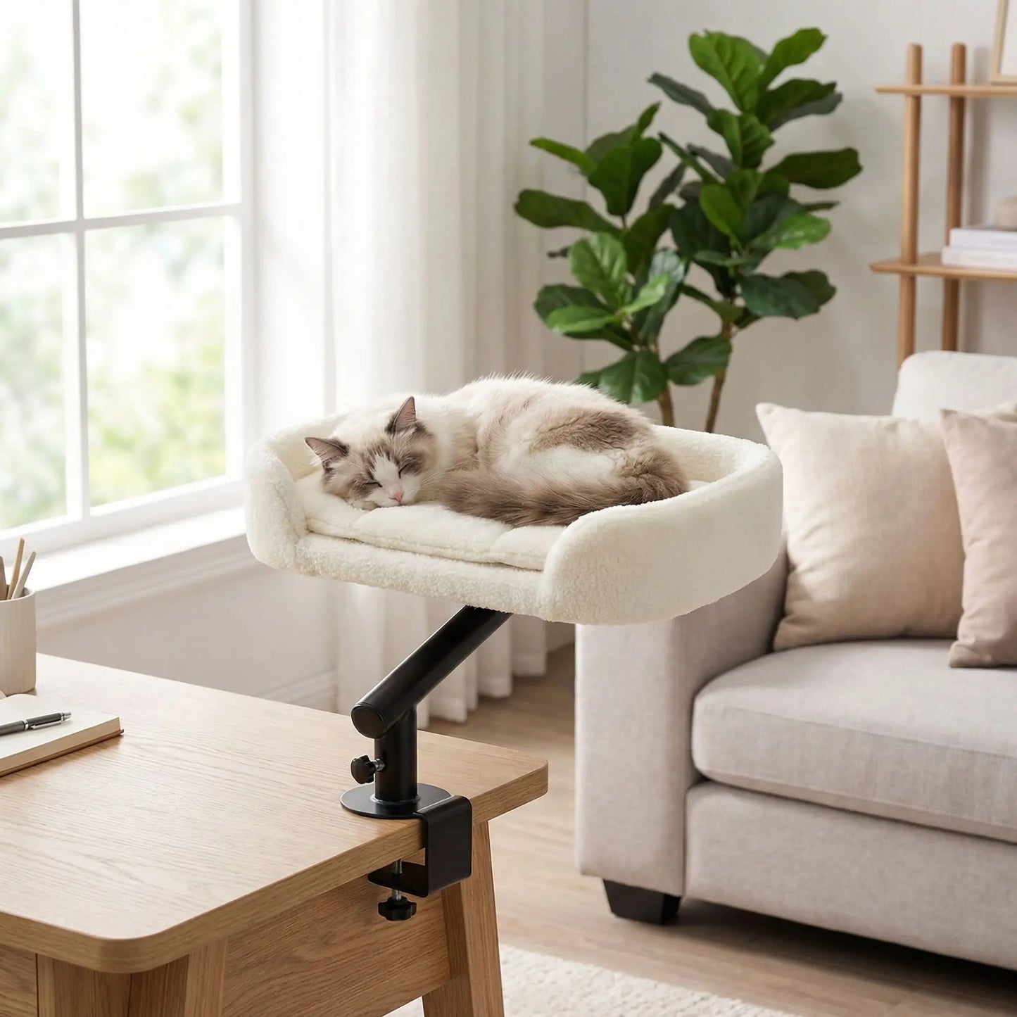 Panier chat suspendu dans un coin repos lumineux près d’une fenêtre avec un chat endormi HAUTNID