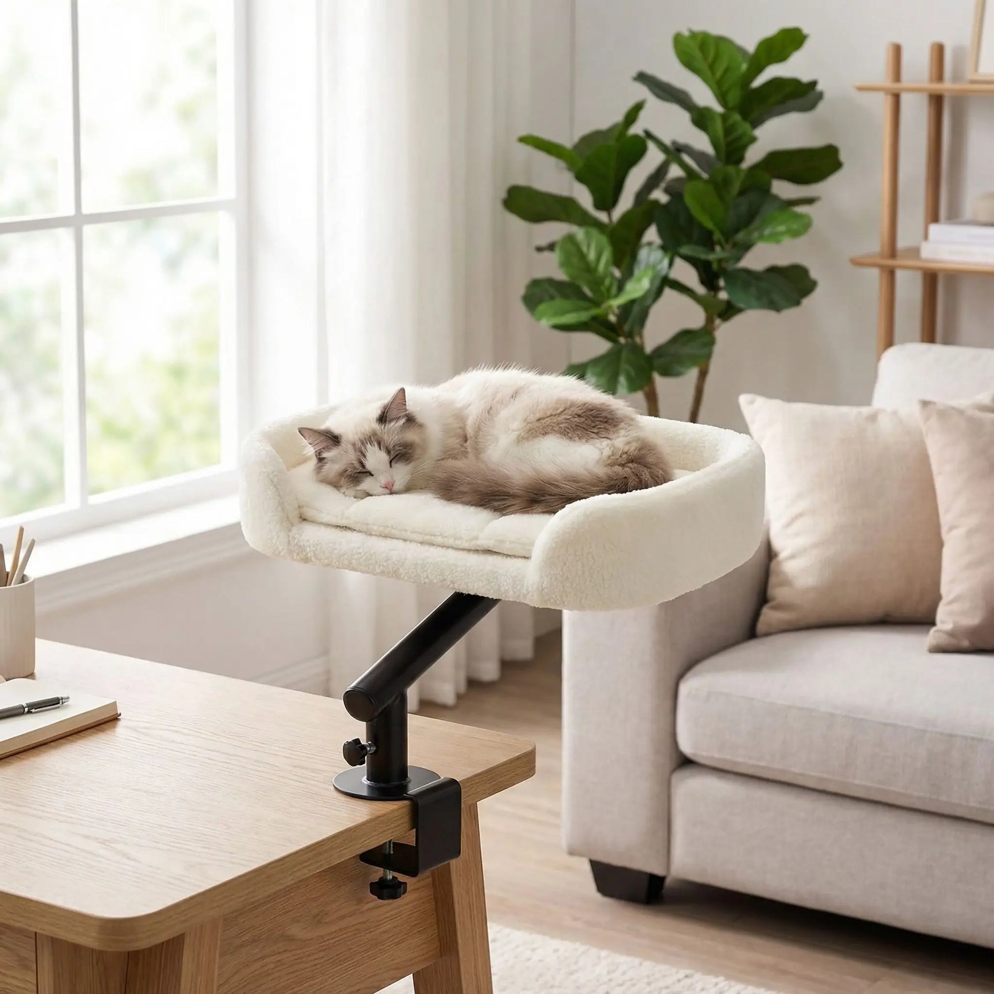Panier chat suspendu dans un coin repos lumineux près d’une fenêtre avec un chat endormi HAUTNID