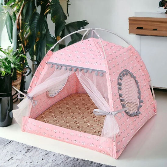Tente pour chat rose décorative avec tissu imprimé, coussin intérieur doux et structure légère.