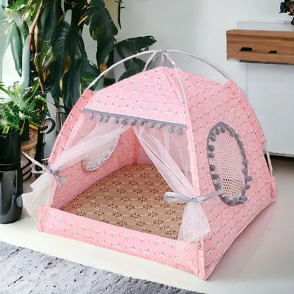Tente pour chat rose décorative avec tissu imprimé, coussin intérieur doux et structure légère.