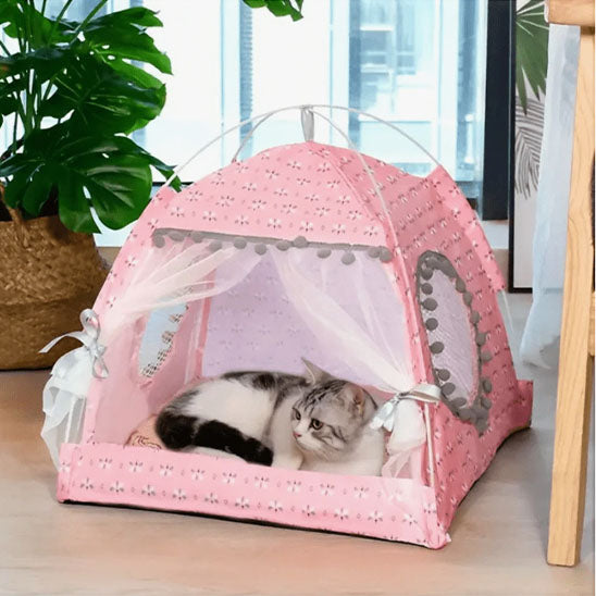 Chat installé dans une tente pour chat rose chaleureuse avec rideaux blancs, coussin moelleux et côtés aérés.