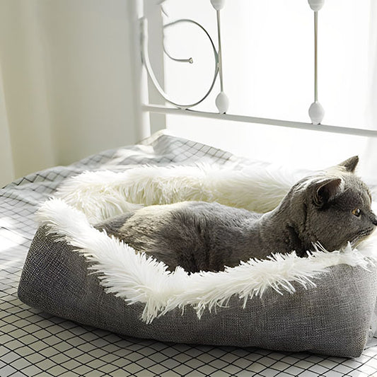Coussin pour chat cocon Chadoux blanc, effet nid douillet posé sur un lit, avec un chat gris apaisé en lumière naturelle.