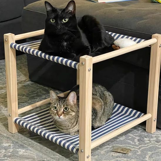 Hamac pour chat deux étages pour plusieurs chats, en bois naturel avec tissu à rayures bleu marine – meuble stable et respirant