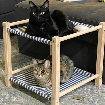 Hamac pour chat deux étages pour plusieurs chats, en bois naturel avec tissu à rayures bleu marine – meuble stable et respirant