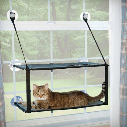 Hamac pour chat double suspendu fixé à une fenêtre, avec un chat allongé confortablement