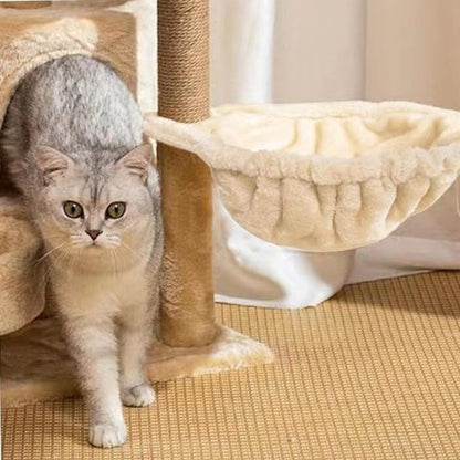 Hamac chat suspendu latéralement à un arbre à chat avec chat gris sortant d’un tunnel