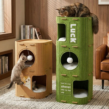 Deux niches pour chat Feutrio, format standard caramel et double tour verte, pour repos et jeu