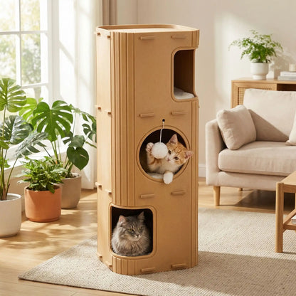 Niche pour chat Feutrio double tour caramel, idéale pour observer, jouer et se reposer à deux