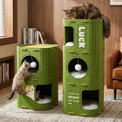 Niche pour chat verte en version haute et basse pour chats curieux, avec ouvertures multiples