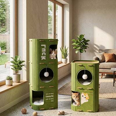 Deux niches pour chat verts, parfaits pour aménager un coin repos sans encombrer la pièce