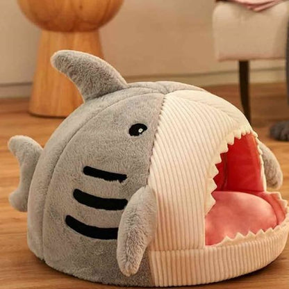 Niche pour chat douillette Ronquin en forme de requin gris, sans chat