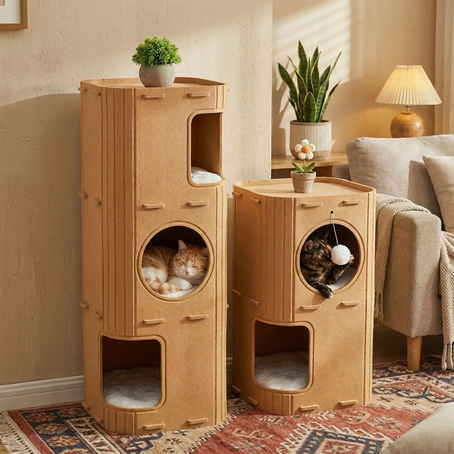 Alt text :
Deux niches pour chat Feutrio caramel avec déco sur le dessus, parfaites pour un salon harmonieux