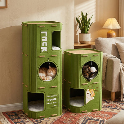 Deux niches pour chats vertes côte à côte, pensées pour la sieste, le jeu et les moments au calme