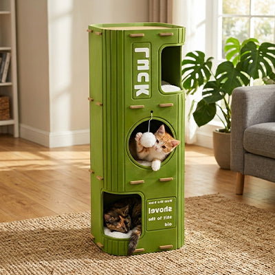 Niche pour chat verte en format tour, idéale pour observer, se cacher et se détendre