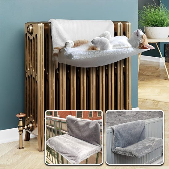 Chat couché sur un perchoir chat radiateur avec vues secondaires montrant usage sur balcon et radiateur